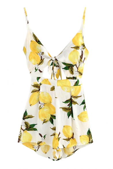 Lemon Printed Knotted Front Hollow Out Back Spaghetti Straps Sleeveless Romper