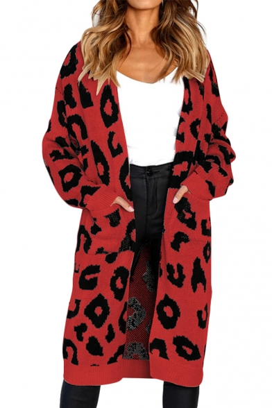 Leopard Printed Collarless Long Sleeve Open Front Tunic Cardigan