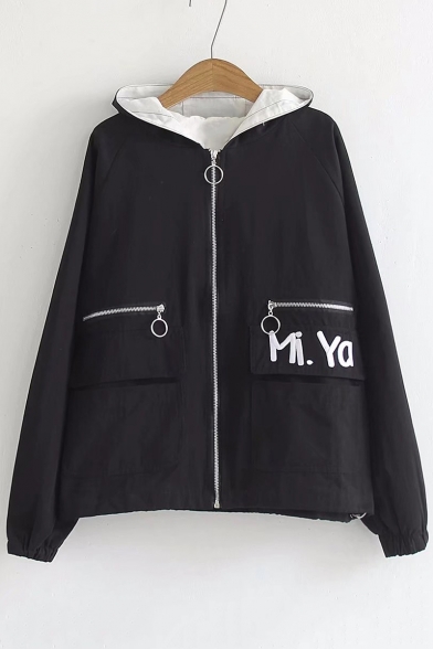 Letter Embroidered Double Pockets Front Long Sleeve Zip Up Hooded Jacket