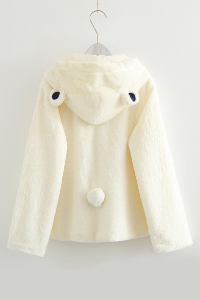 Lovely Bear Embroidered Long Sleeve Zip Up Hooded Faux Fur Coat