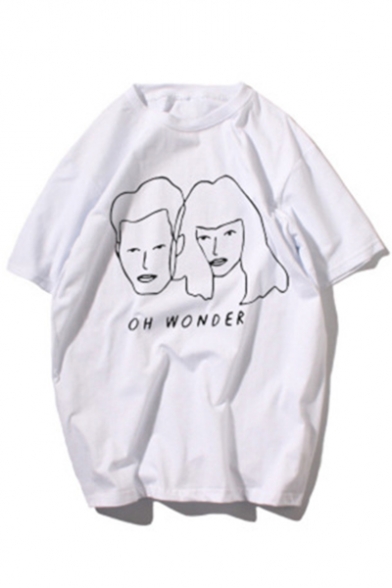 OH WONDER Letter Character Printed Round Neck Short Sleeve T-Shirt