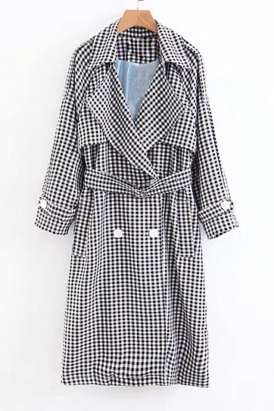 Plaid Printed Notched Lapel Collar Long Sleeve Double Breasted Tunic Coat