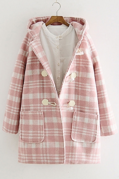 Plain Printed Button Front Long Sleeve Loose Tunic Hooded Coat