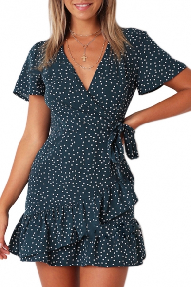 Polka Dot Printed V Neck Short Sleeve Ruffle Detail Mini A-Line Dress
