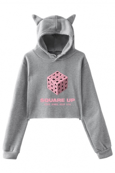 SQUARE UP Letter Graphic Printed Long Sleeve Crop Hoodie
