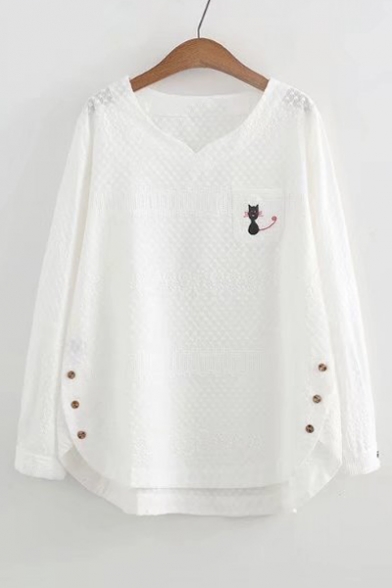 V Neck Cat Embroidered Button Side Long Sleeve Hollow Out Detail Tee