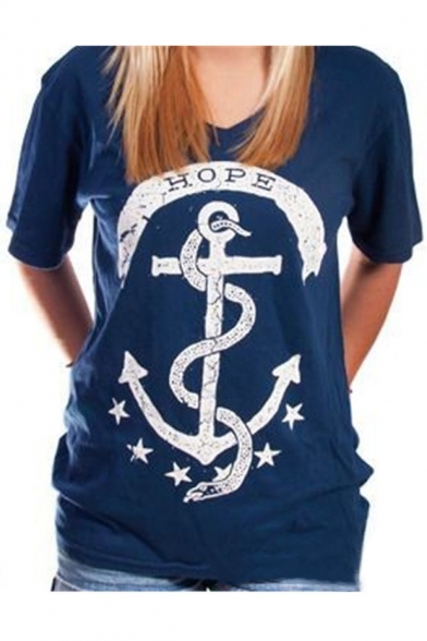 

Anchor HOPE Letter Printed Round Neck Short Sleeve T-Shirt, LC481442