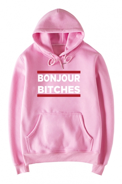 BONJOUR Letter Graphic Printed Long Sleeve Loose Casual Hoodie