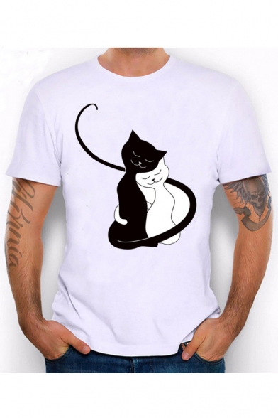 Cartoon Cat Printed Round Neck Short Sleeve Slim T-Shirt
