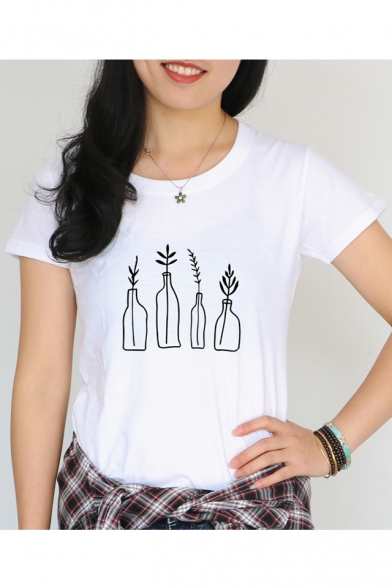 Casual Plant Printed Short Sleeve Round Neck T-Shirt
