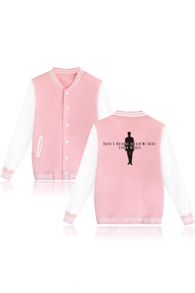 Character Letter Printed Back Color Block Long Sleeve Button Front Baseball Jacket