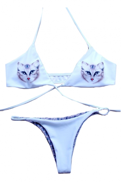 Chic Cat Printed Halter Sleeveless Sexy Bikini
