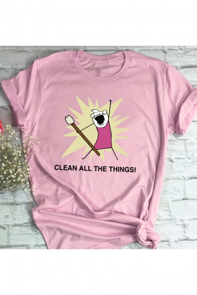 Comic CLEAN ALL THE THINGS Letter Cartoon Printed Round Neck Short Sleeve T-Shirt
