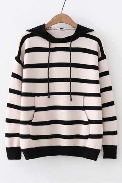 Contrast Trim Striped Printed Long Sleeve Leisure Hooded Sweater