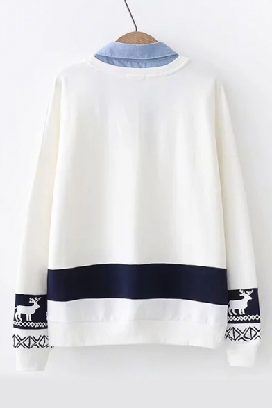 Fake Two Pieces Lapel Collar Long Sleeve Deer Printed Sweatshirt