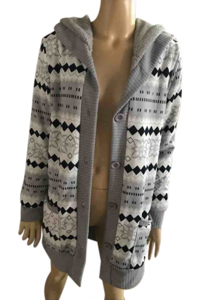 Geometric Pattern Warm Long Sleeve Button Front Hooded Cardigan
