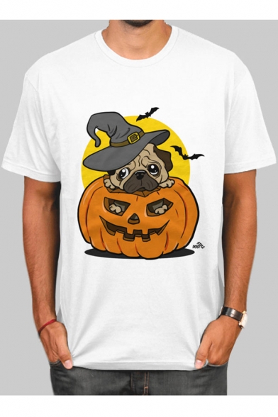 Halloween Series Pumpkin Bull Dog Printed Round Neck Short Sleeve Tee