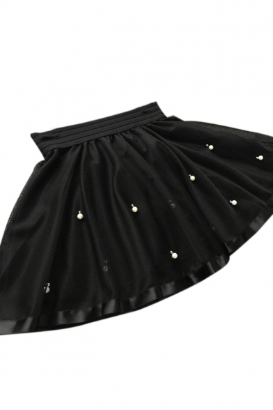 High Waist Mesh Patchwork Pearl Embellished Mini A-Line Skirt