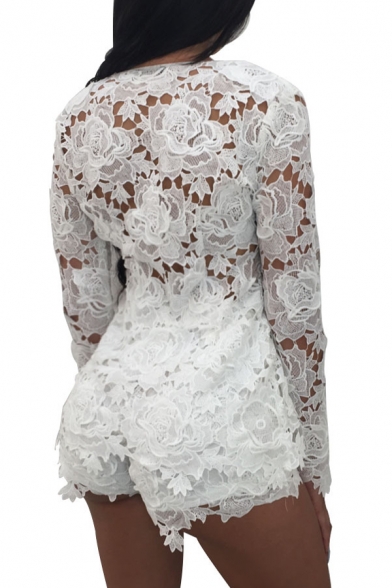 Hollow Out Floral Lace V Neck Long Sleeve Top with Skinny Shorts Co-ords