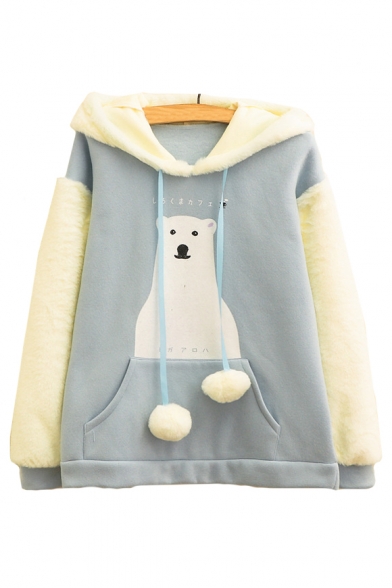 Japanese Bear Printed Color Block Faux Fut Patchwork Long Sleeve Loose Hoodie