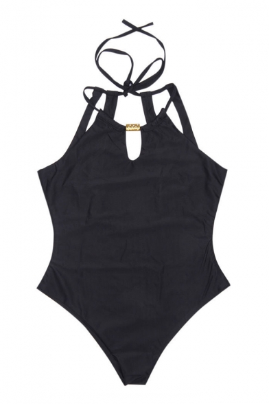 Keyhole Front Halter Sleeveless One Piece Hollow Out Back Plain Swimwear