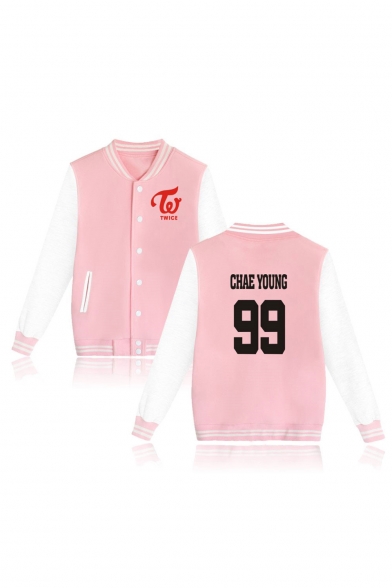 Kpop Twice Korean Star Letter Graphic Printed Color Block Contrast Striped Trim Button Front Baseball Jacket
