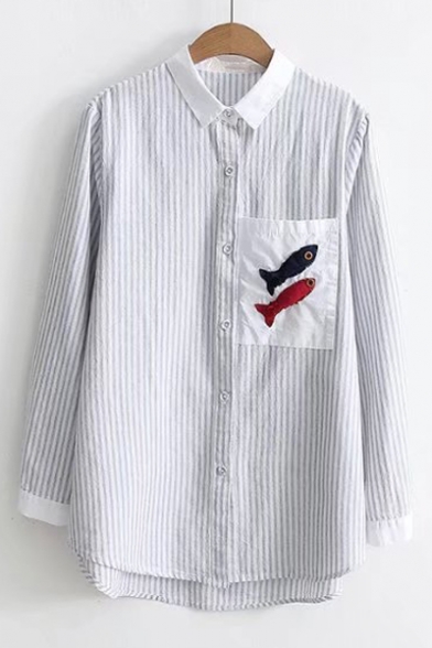 Lapel Collar Striped Printed Long Sleeve Fished Applique Button Up Shirt