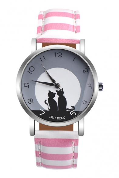 Letter Cat Pattern Striped Leather Band Quartz Watch