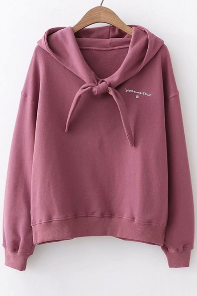 Letter Embroidered Knotted Front Long Sleeve Chic Hoodie