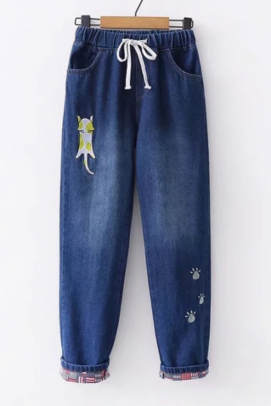 Lovely Paw Cat Embroidered Drawstring Waist Straight Jeans