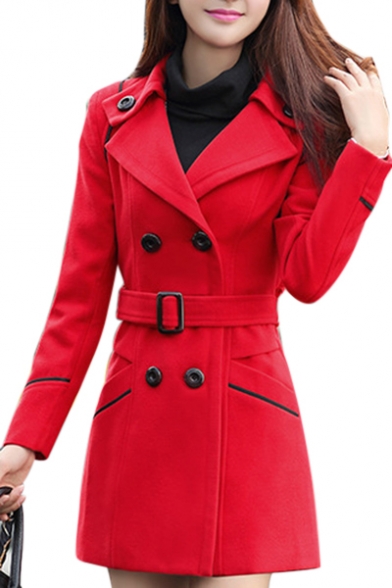 Notched Lapel Collar Long Sleeve Double Breasted Long Sleeve Tunic Coat with Belt