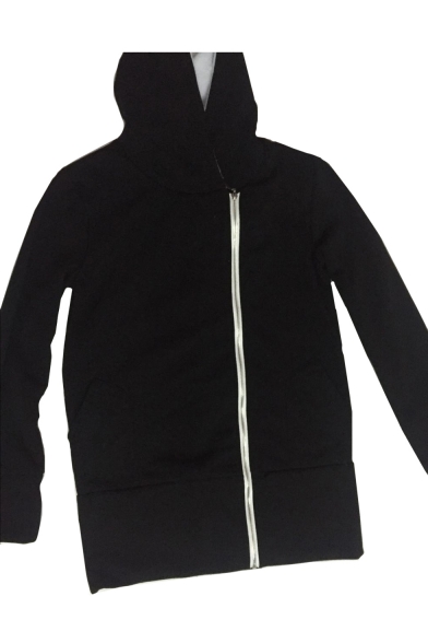 Offset Zip Placket Long Sleeve Plain Hooded Coat