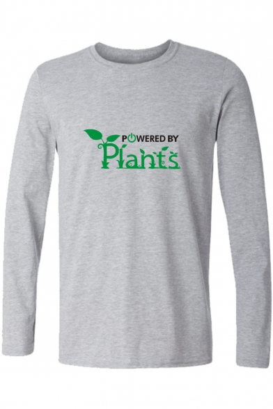 POWERED BY PLANTS Letter Leaf Printed Round Neck Long Sleeve Tee