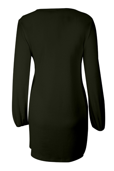 Round Neck Long Sleeve Elastic Cuffs Knotted Front Plain Mini Pencil Dress