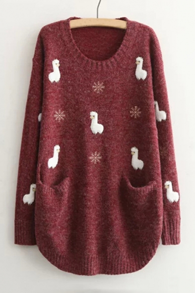 

Round Neck Long Sleeve Lamb Pattern Applique Tunic Sweater, LC481061, Burgundy;khaki;navy