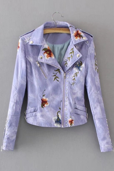 Stud Embellished Floral Embroidered Notched Lapel Collar Long Sleeve Zip Up PU Jacket