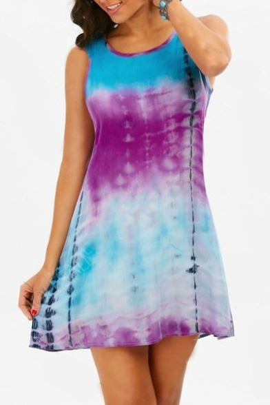 Tie Dye Round Neck Sleeveless Lace Insert Back Mini A-Line Dress