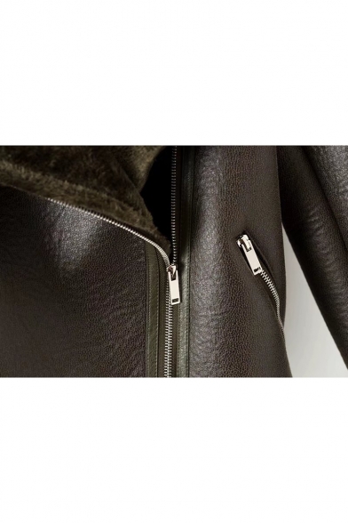 Warm Notched Lapel Collar Long Sleeve Zip Up PU Tunic Coat