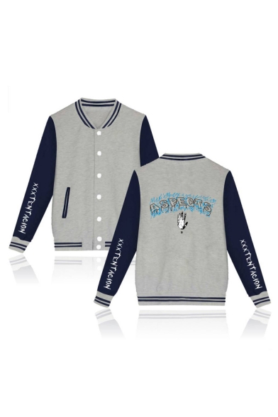 Button Down ASPECTS Letter Printed Stand Up Collar Color Block Long Sleeve Baseball Jacket