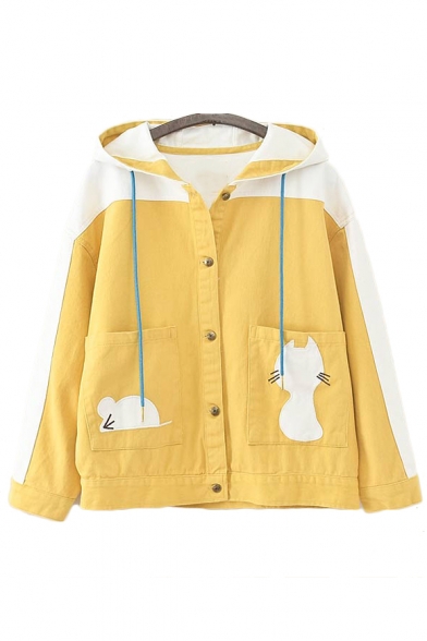 Button Front Color Block Cat Embroidered Long Sleeve Hooded Jacket