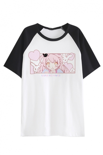 Cartoon Character Japanese Printed Color Block Raglan Short Sleeve Round Neck T-Shirt