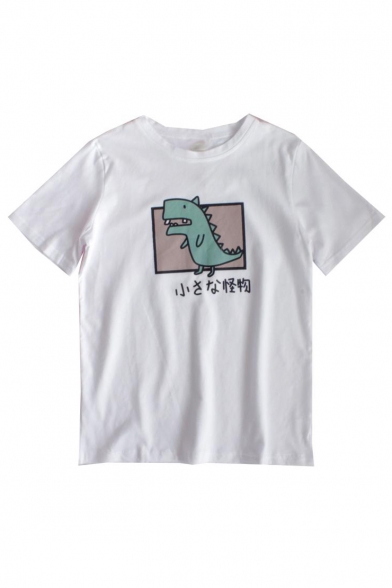 Cartoon Dinosaur Japanese Printed Round Neck Short Sleeve Tee