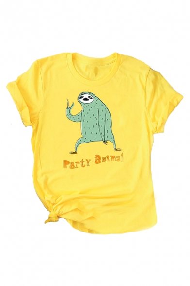 Cartoon Sloth Letter Printed Round Neck Short Sleeve Graphic Tee