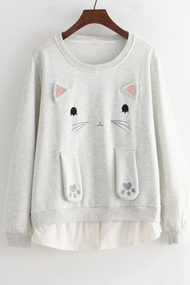 Cat Embroidered Patchwork Hem Round Neck Long Sleeve Sweatshirt