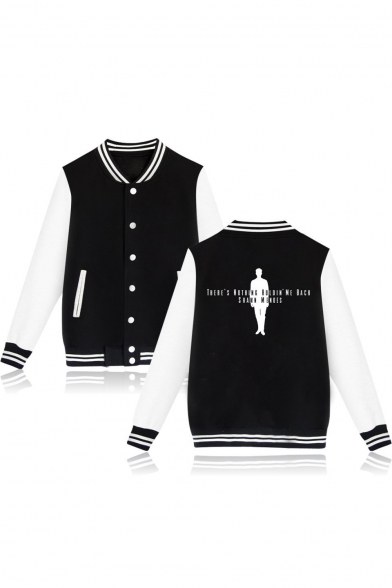 Character Letter Printed Back Color Block Long Sleeve Button Front Baseball Jacket