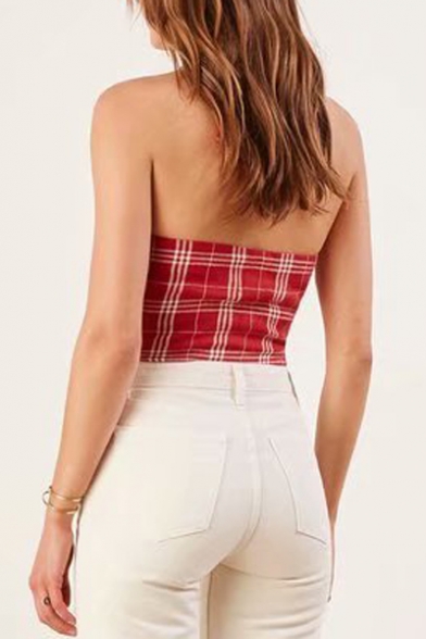 Chic Plaid Printed Halter Sleeveless Button Front Crop Cami