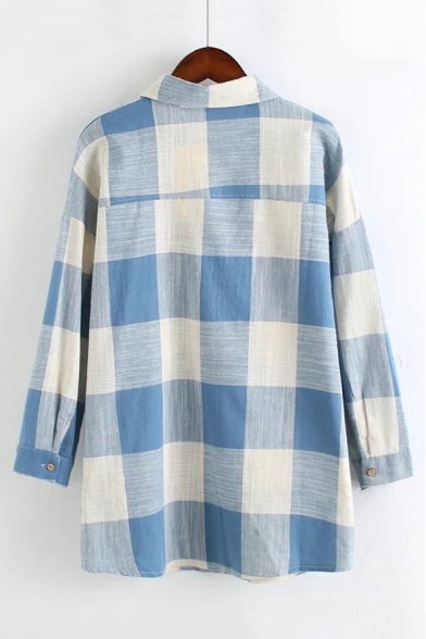 Chic Plaid Printed Lapel Collar Long Sleeve Button Up Loose Shirt
