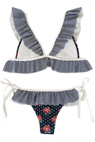 Chic Striped Floral Printed V Neck Sleeveless Ruffle Detail Bikini