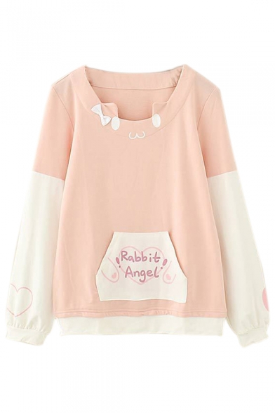 

Color Block RABBIT ANGEL Letter Printed Round Neck Long Sleeve Sweatshirt, LC482472