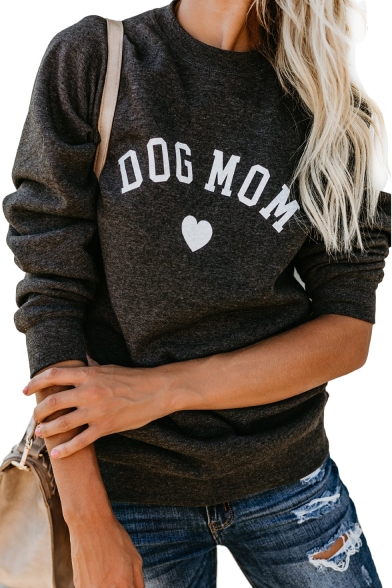 DOG MON Letter Heart Printed Round Neck Long Sleeve Sweatshirt